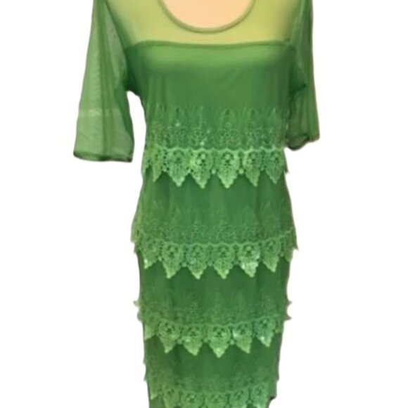 Badgley Mischka Green Sheer Lace Tiered Sequins Cocktail Dress LARGE NWT $145 - Picture 2 of 8